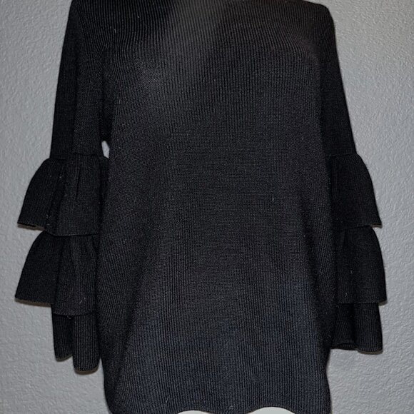 J. McLaughlin Black Italian Merino Wool Ruffle Sleeve Sweater Size S EUC - Picture 2 of 8